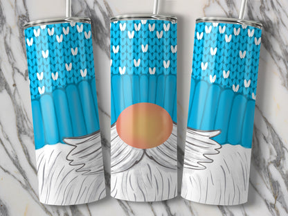 Three tumblers with blue knit pattern and white beard gnome design.