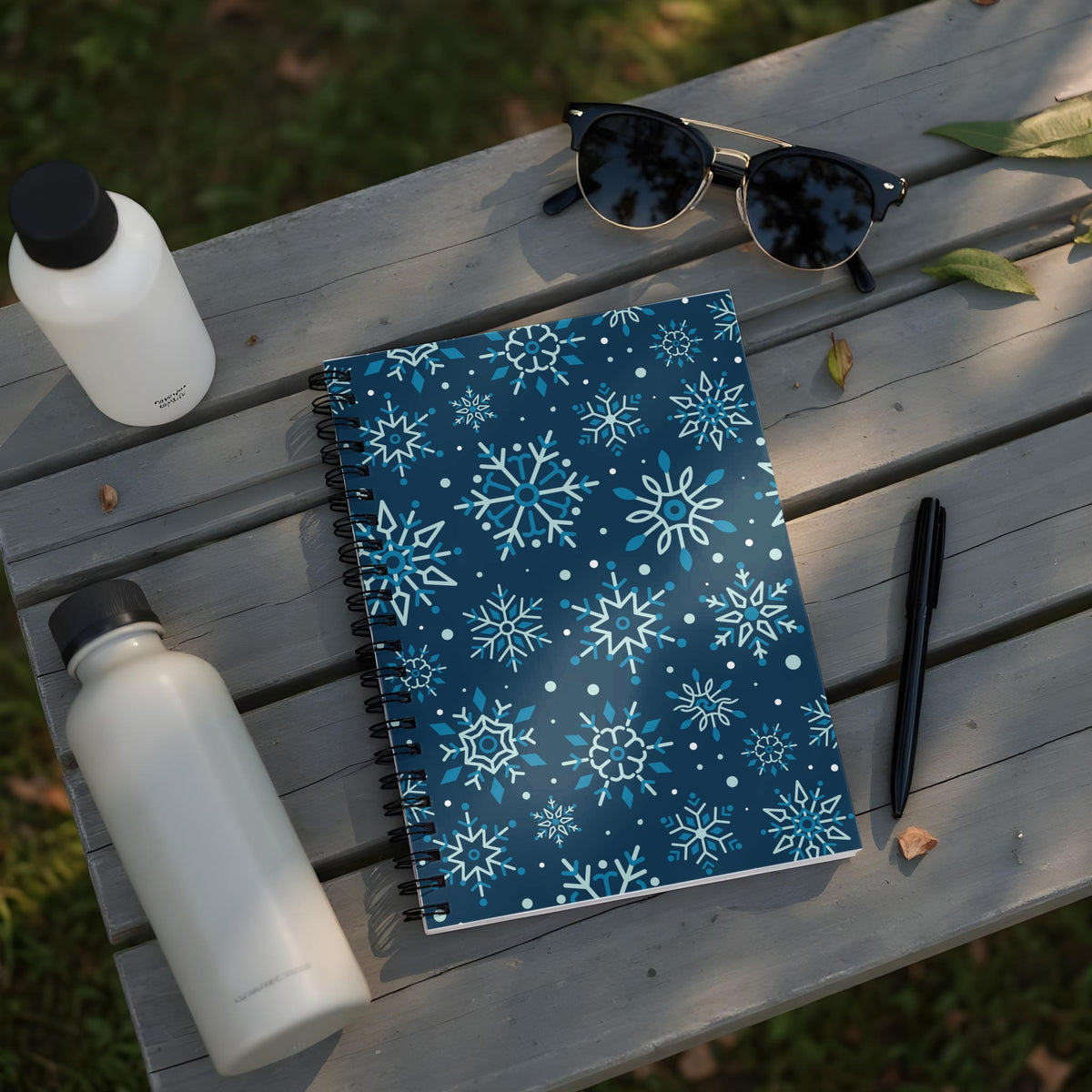 Spiral notebook with a blue snowflake pattern rests on a wooden bench with water bottles and sunglasses.