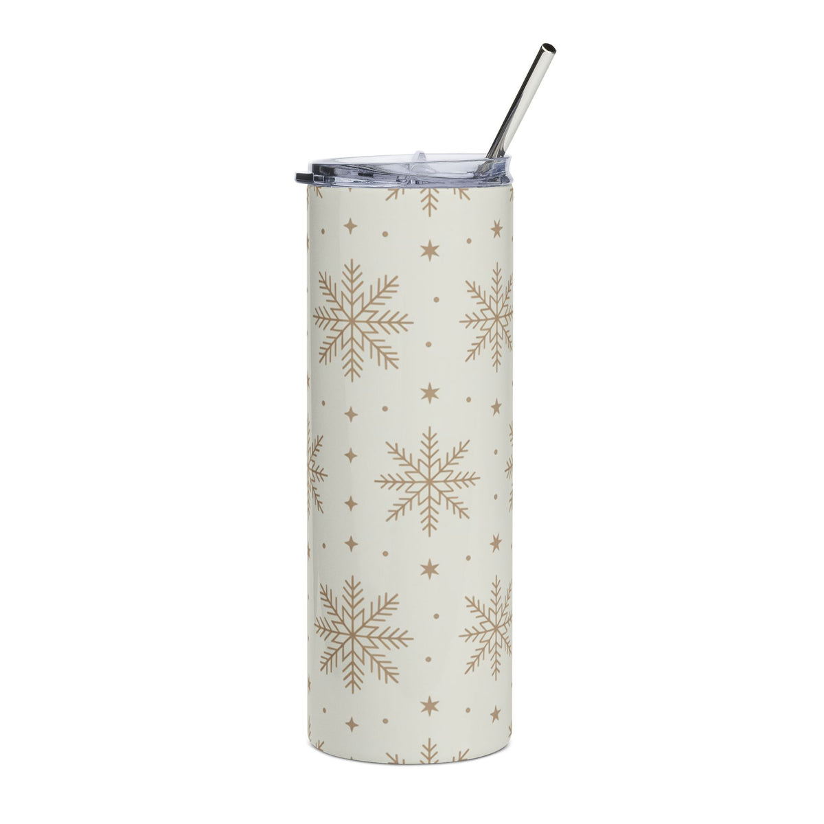 Cream tumbler with gold snowflake and star pattern and silver straw.