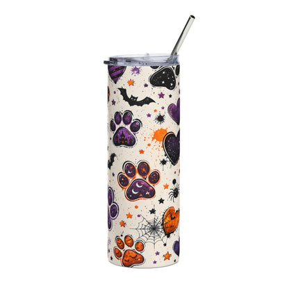 Tall tumbler with Halloween paw print, bat, spider, and heart pattern.
