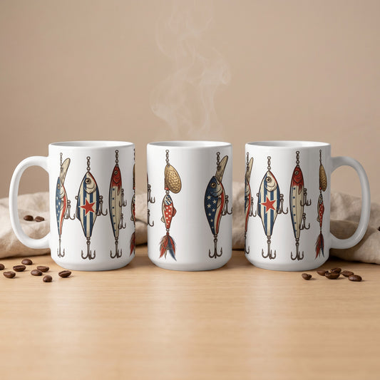 Three white mugs with fishing lure graphics featuring patriotic and polka dot designs.