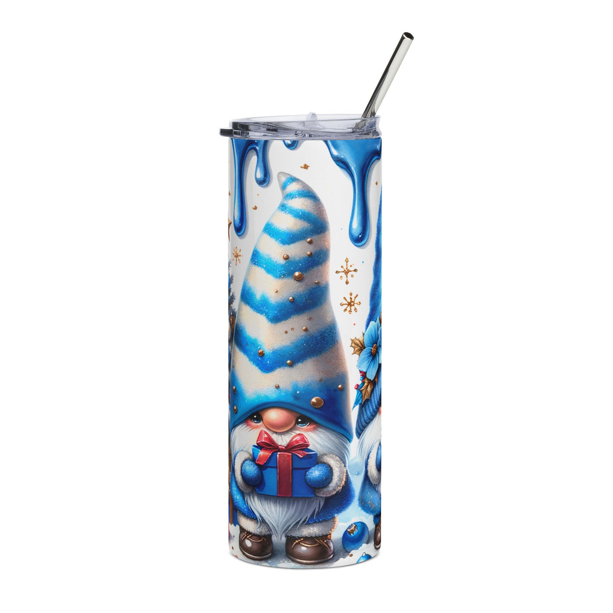 Tumbler with a blue and white striped gnome holding a gift and winter elements.