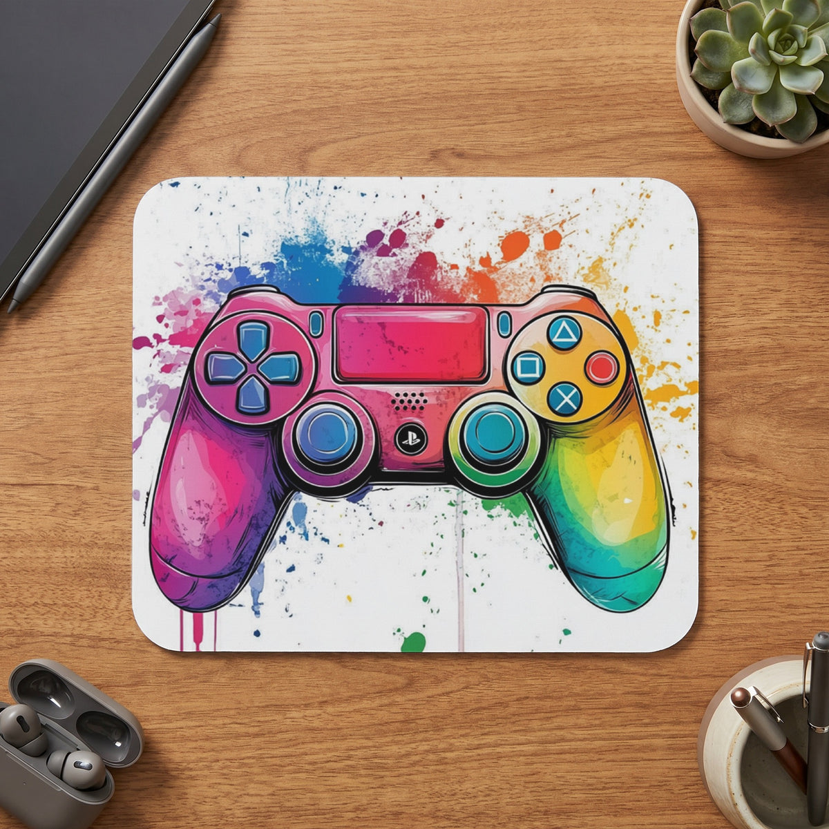 Video game controller with rainbow watercolor splash design.