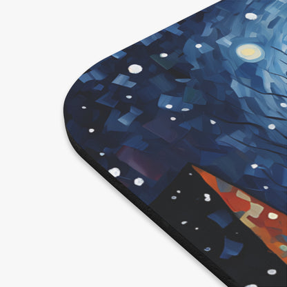 Abstract night sky with moon, stars, and hints of orange and dark shapes.