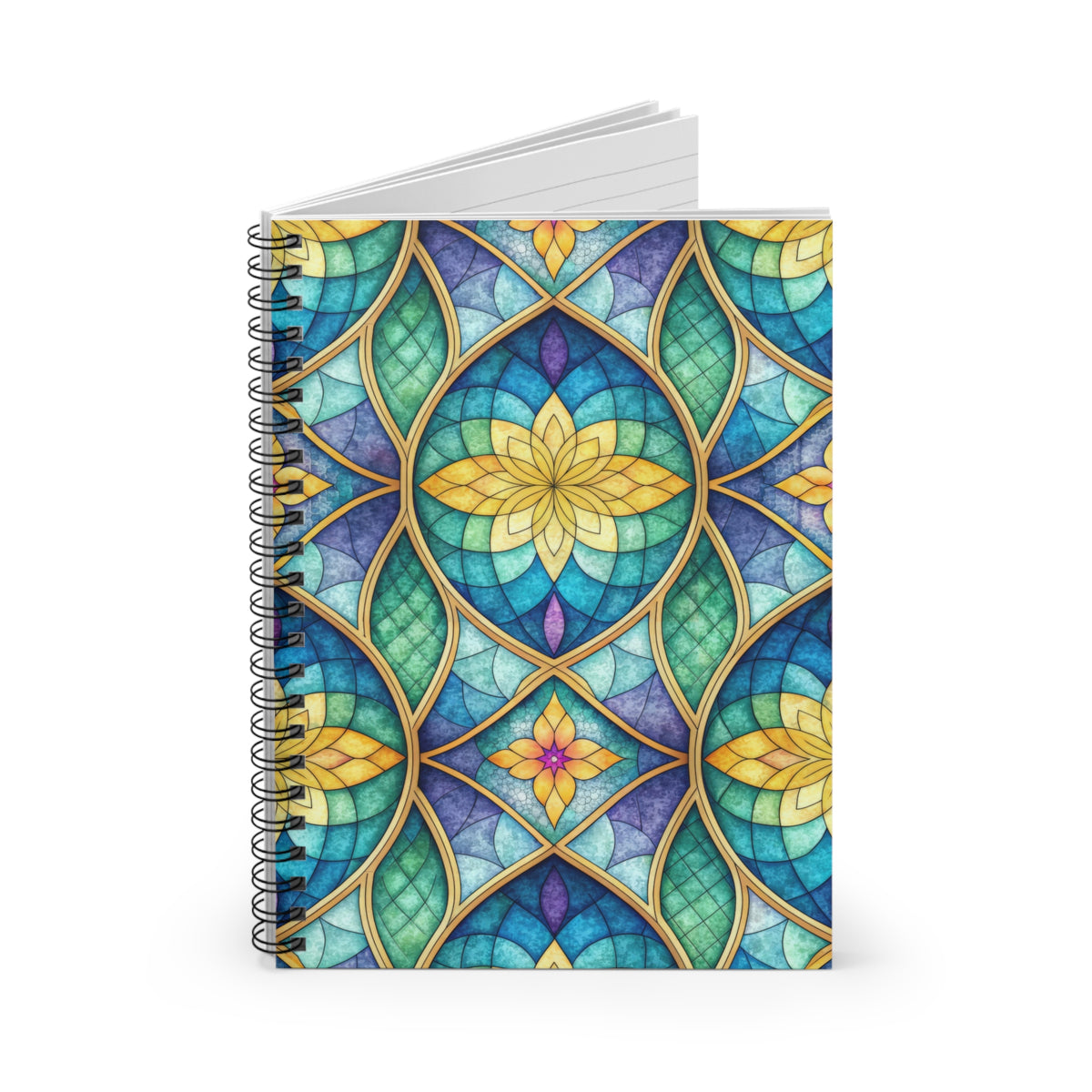Spiral-bound notebook with a stained-glass floral pattern cover in blues, greens, and yellow.