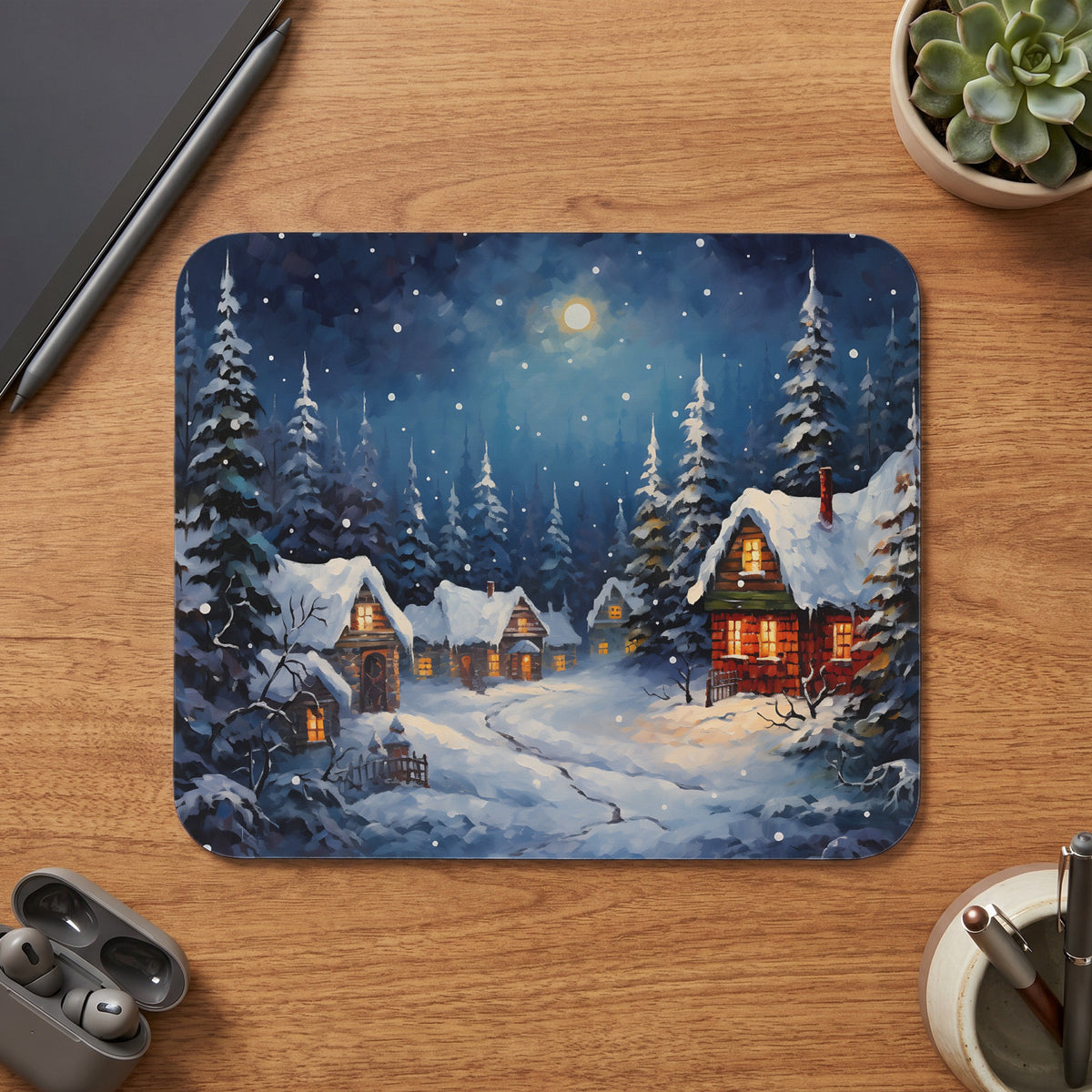 Snowy village scene with lit cabins, snow-covered trees, and a full moon.