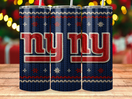 Three tumblers with blue knit pattern, red and white "NY" logo, and holiday background.