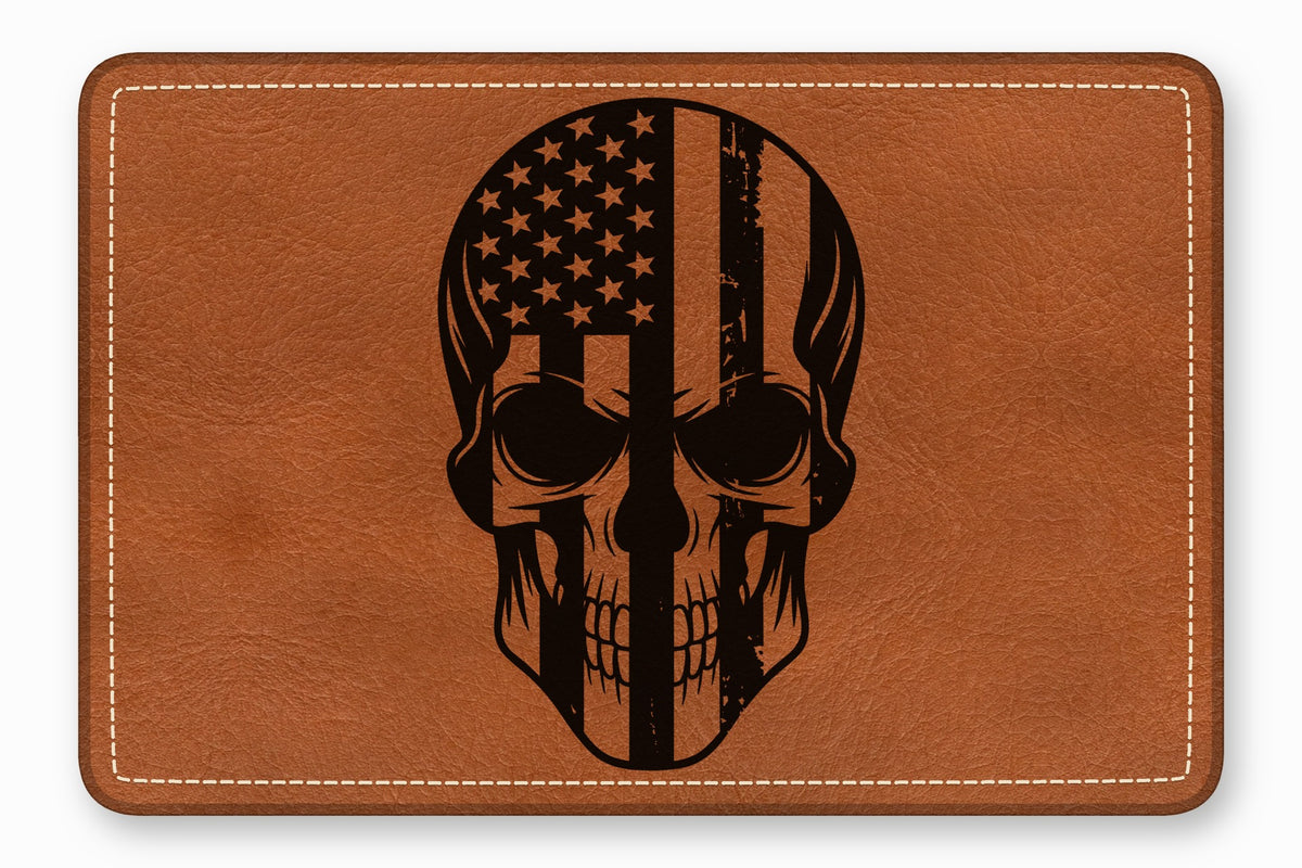 Brown leather patch featuring a black laser-engraved human skull with an American flag design.
