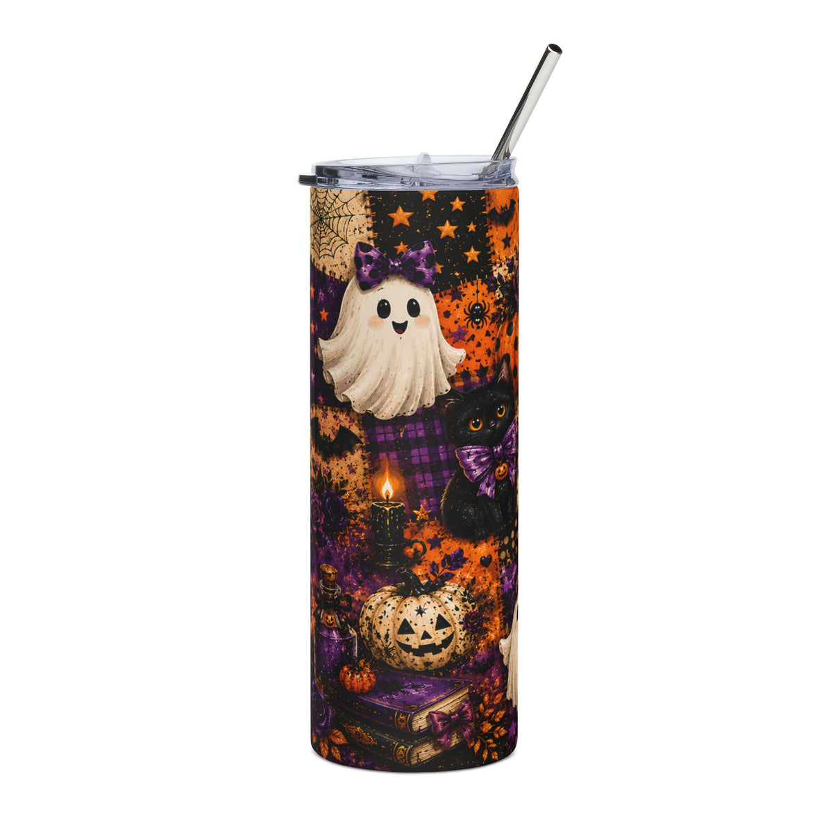 Tumbler with Halloween design featuring a ghost, black cat, pumpkin, and candle.