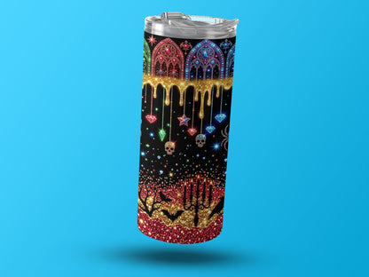 Glittery black tumbler with gothic stained glass, skulls, bats, and candles design.