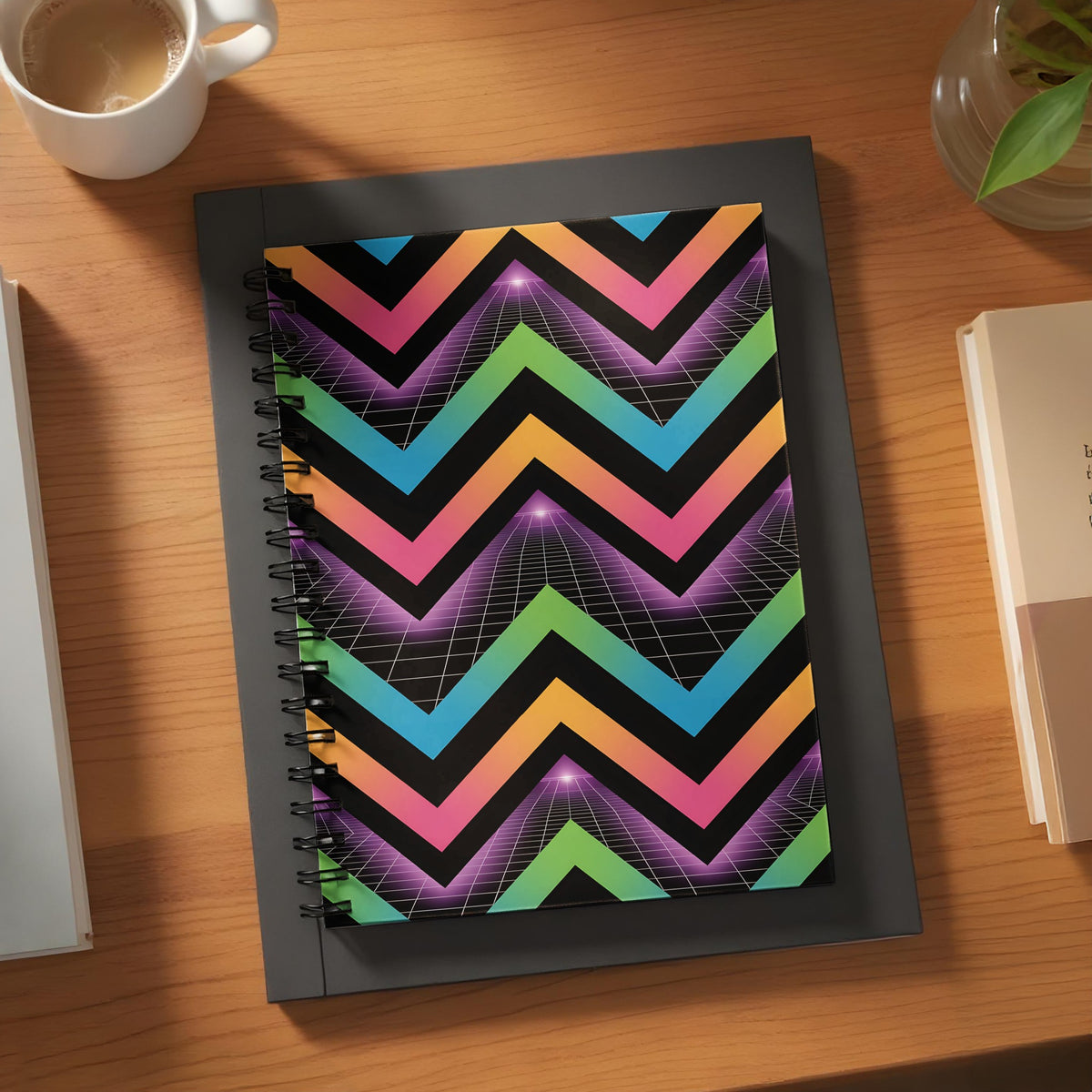 Notebook with a neon zigzag pattern and a digital grid design.