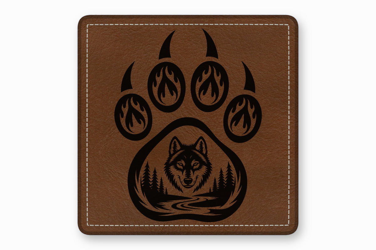 Brown faux leather square patch with white stitched border featuring a black bear paw and wolf graphic.