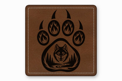 Brown faux leather square patch with white stitched border featuring a black bear paw and wolf graphic.