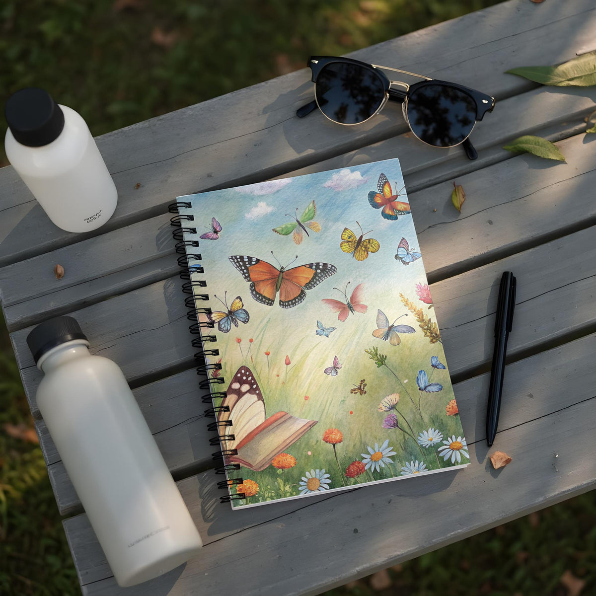 Spiral notebook with butterflies and flowers design on open pages.