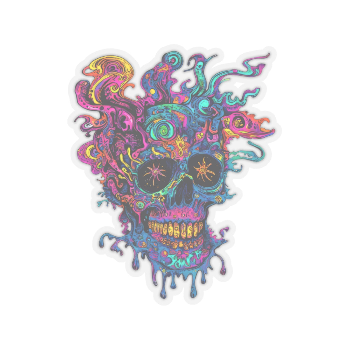 Psychedelic skull design with vibrant colors and dripping effects.