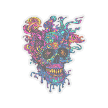 Psychedelic skull design with vibrant colors and dripping effects.