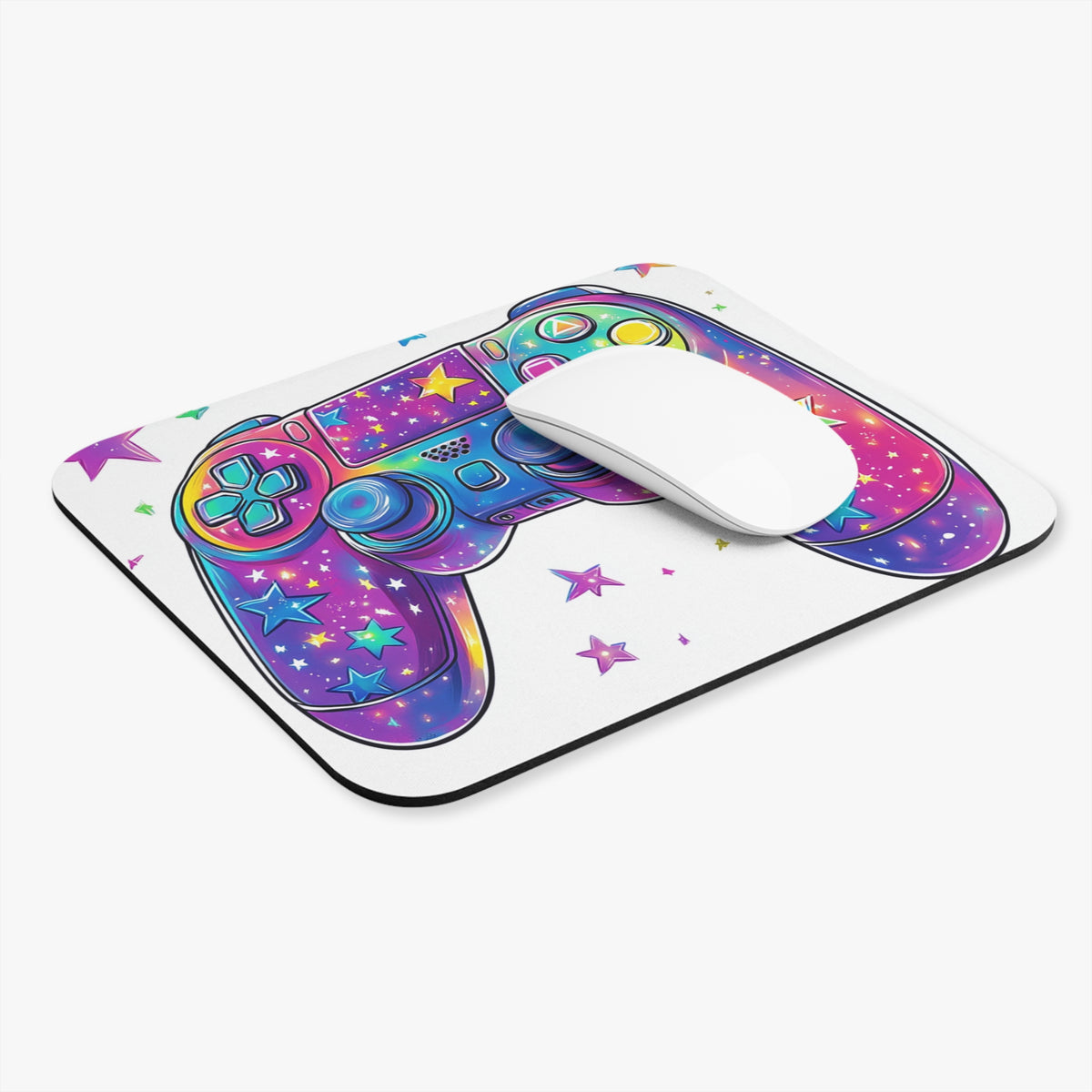 Mousepad with colorful, star-patterned gaming controller and white mouse.