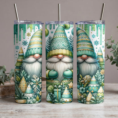 Three tumblers with a Christmas gnome and forest design in green and yellow.