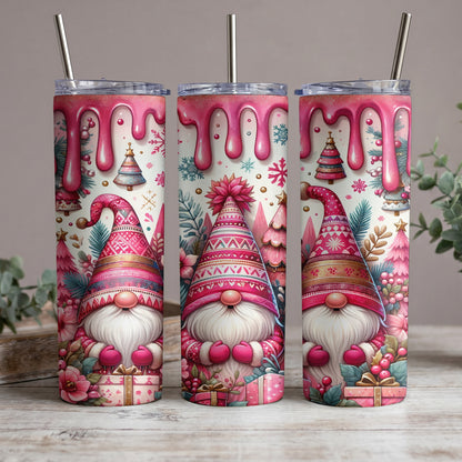 Three tumblers featuring gnomes, pink dripping glaze, snowflakes, and Christmas trees.