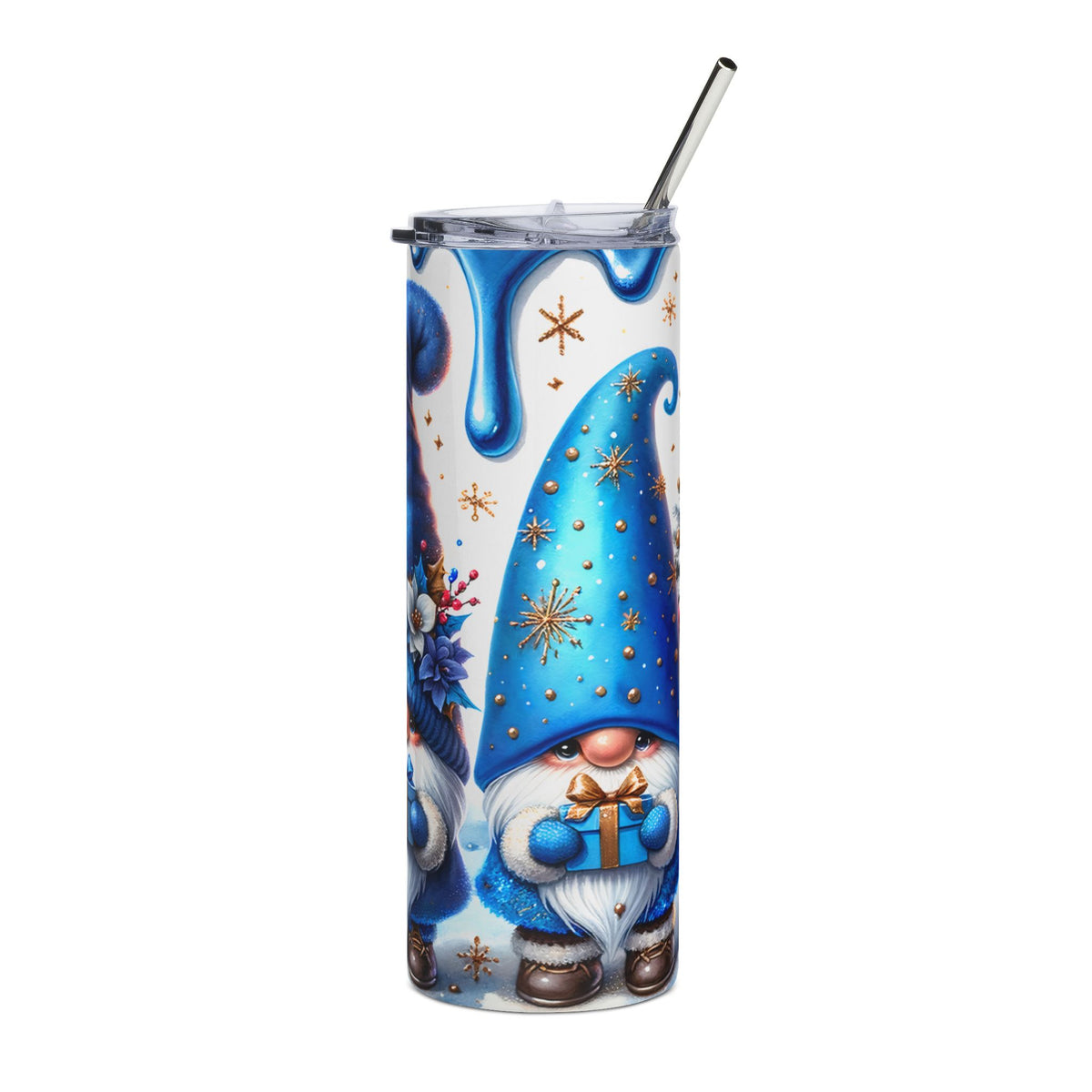 Tumbler with blue gnomes, snowflakes, and gift design, featuring a straw.