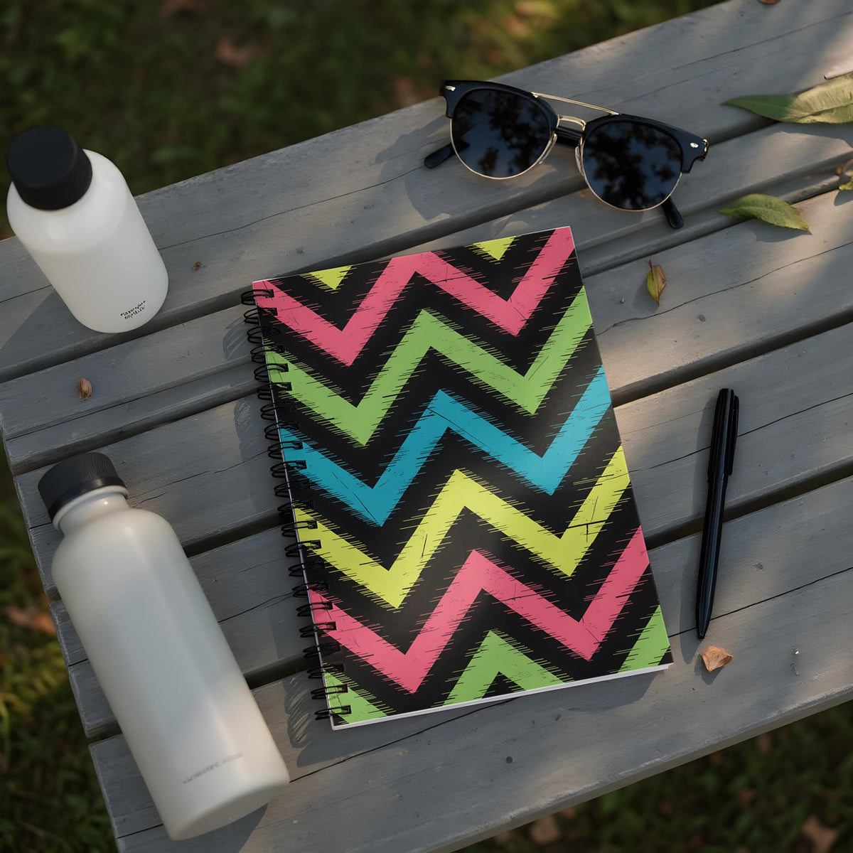 Spiral notebook with a colorful zigzag pattern, two water bottles, and sunglasses on a wooden surface.
