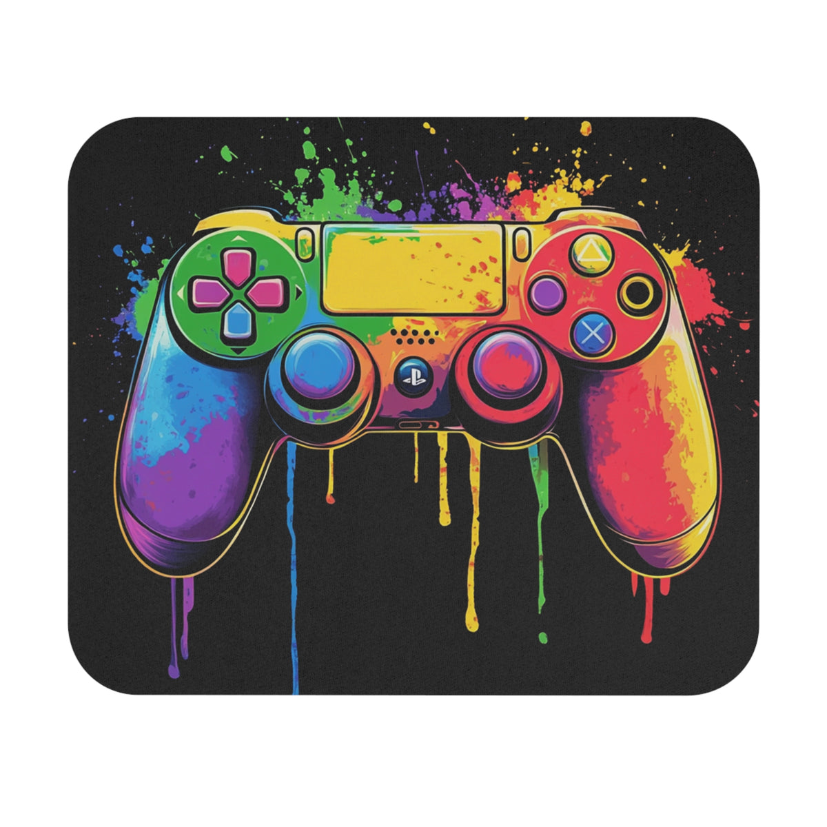 Gaming controller with colorful paint splatters and drips on a black background.