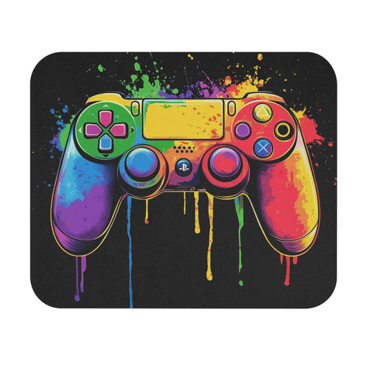 Gaming controller with colorful paint splatters and drips on a black background.