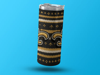 Tumbler with black, gold, and white New Orleans Saints ugly sweater pattern.