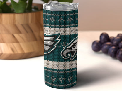 Philadelphia Eagles tumbler with a teal, white, and gray knit pattern.