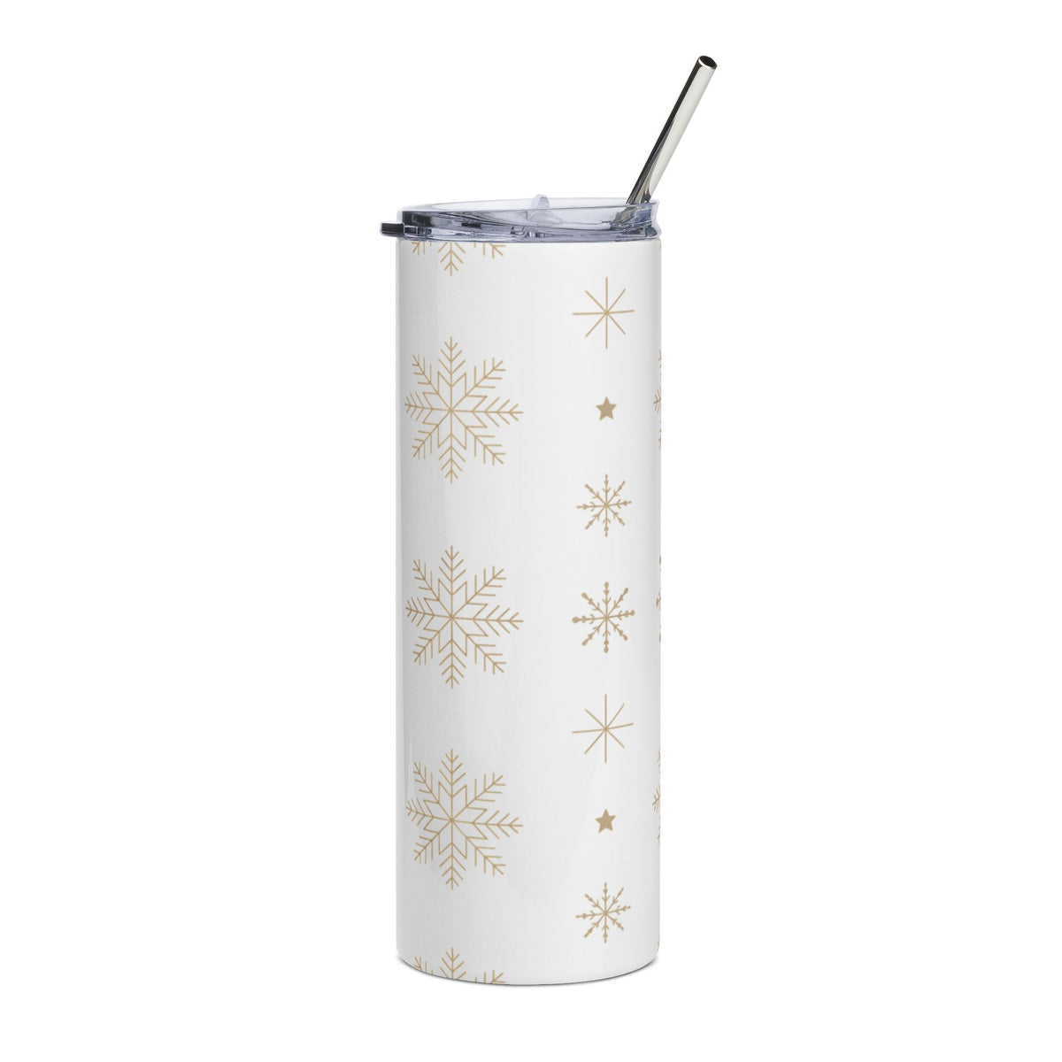 White tumbler with gold snowflake and star pattern, and a silver straw.
