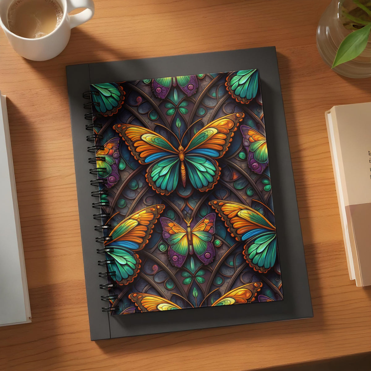 Spiral notebook with a stained-glass butterfly and floral pattern on the cover.