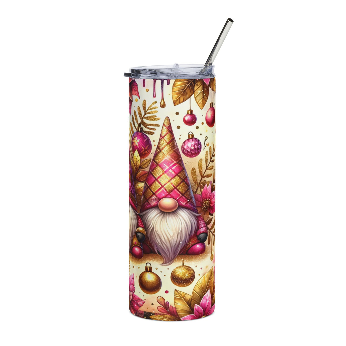Tumbler with gnome, Christmas ornaments, and floral accents, includes straw.