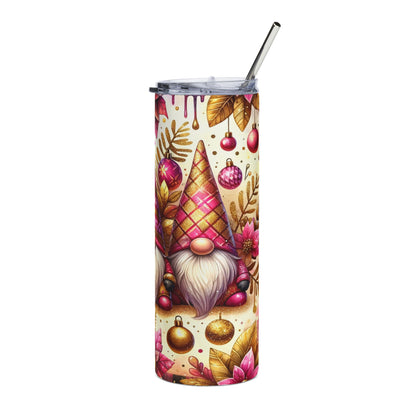 Tumbler with gnome, Christmas ornaments, and floral accents, includes straw.