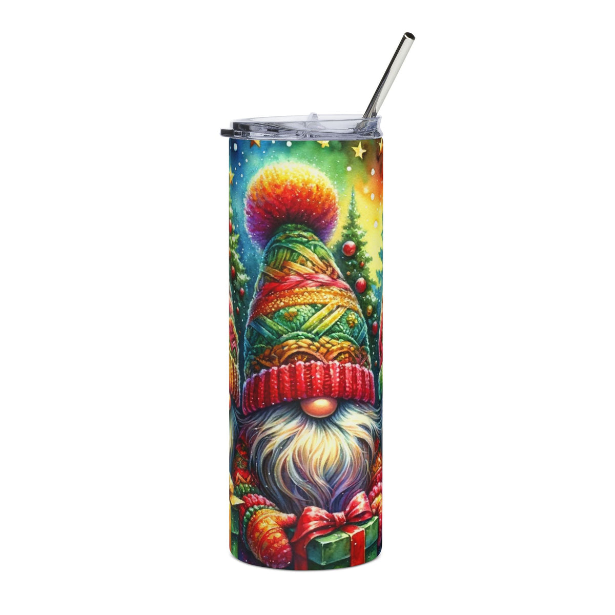 Tumbler with a watercolor-style gnome, Christmas trees, and a gift.