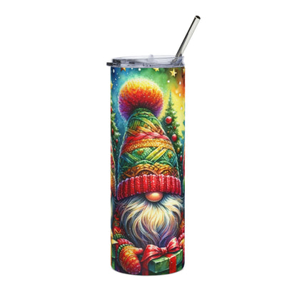 Tumbler with a watercolor-style gnome, Christmas trees, and a gift.