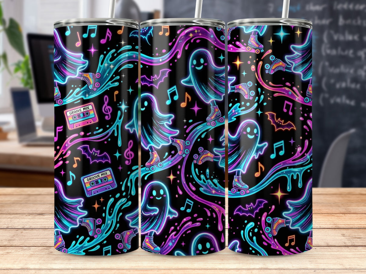 Tumblers with a retro ghost, roller skate, music note, and cassette tape pattern.