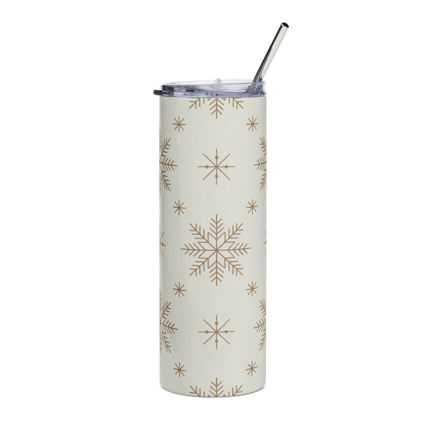 Tall tumbler with snowflake pattern and metal straw.