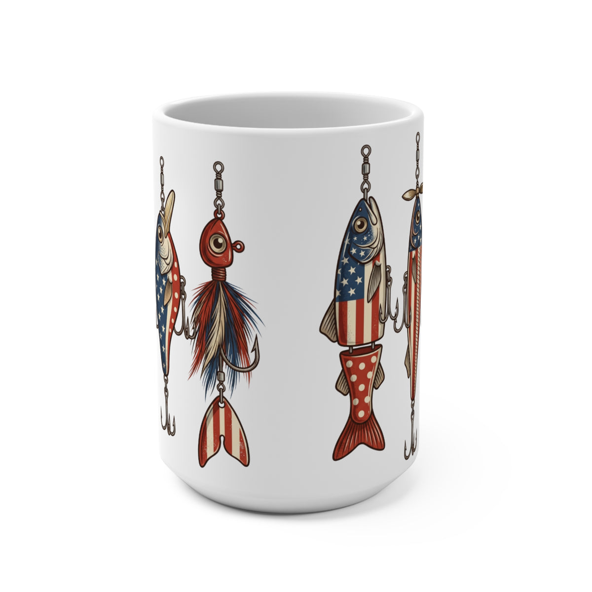 Mug with patriotic fishing lures featuring American flag patterns.