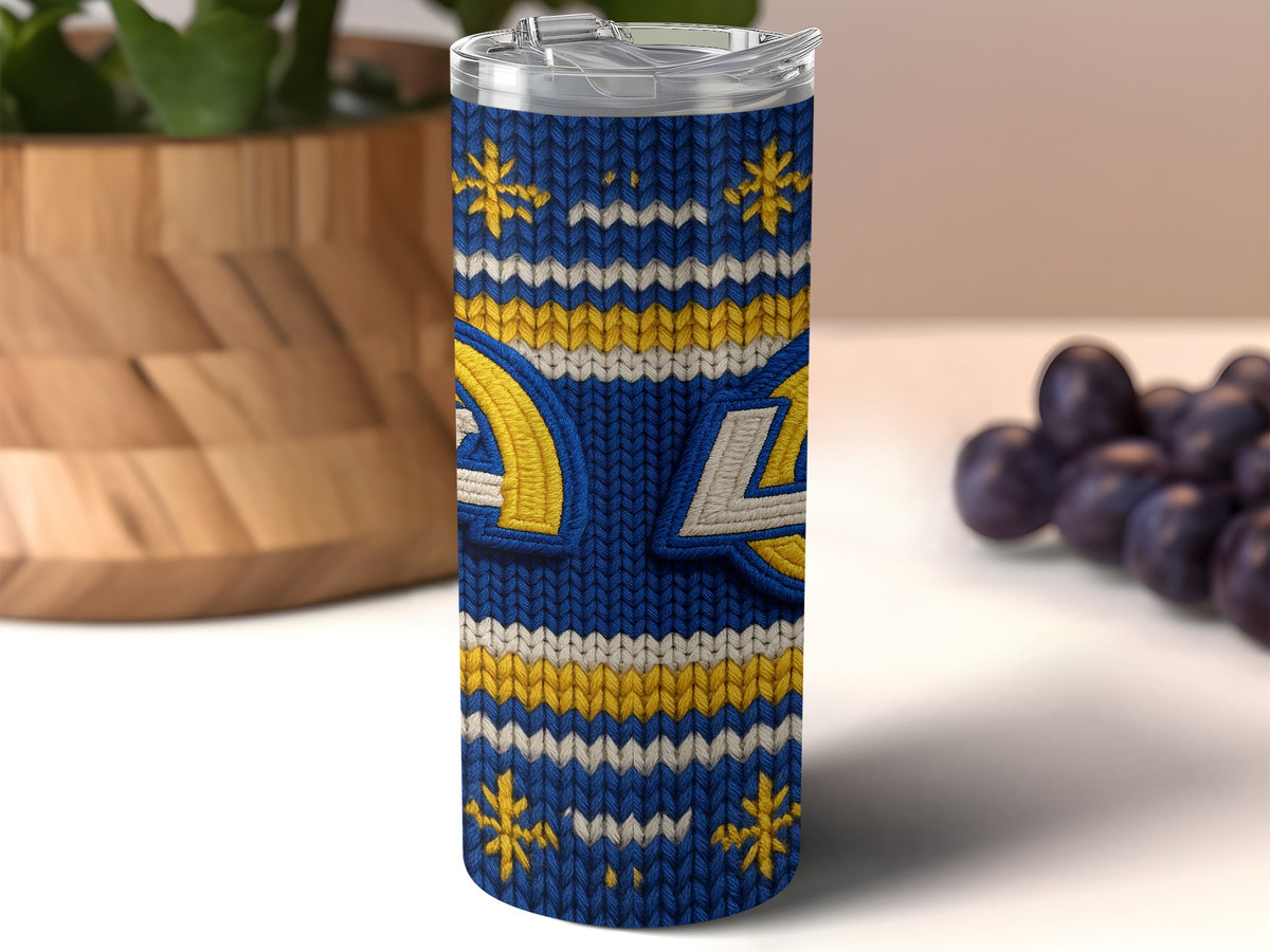 Los Angeles Rams ugly sweater pattern tumbler with clear lid.