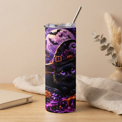 Black cat in a witch hat on a Halloween-themed tumbler with bats and a moon.