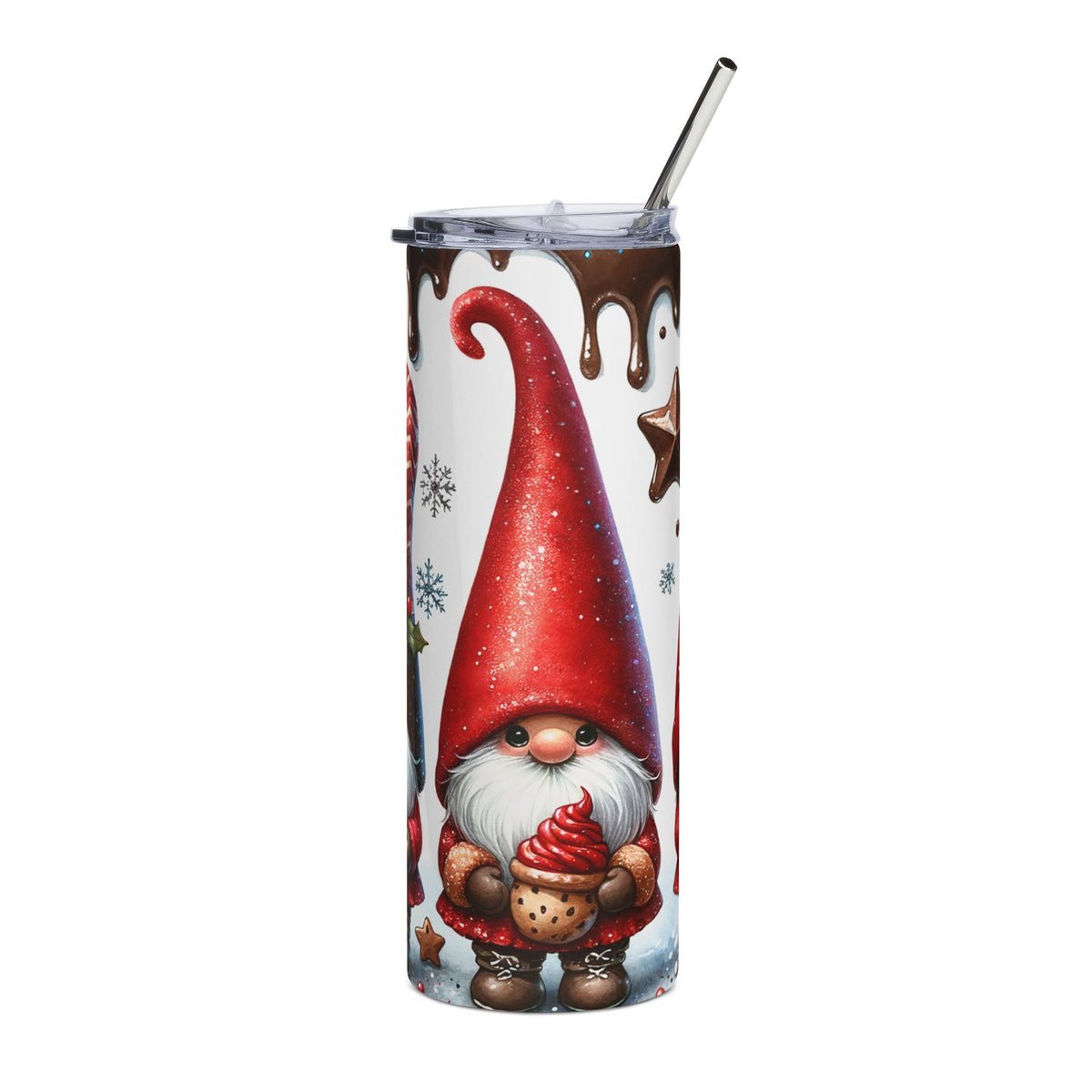 Tumbler with a cute gnome holding a cupcake, surrounded by holiday designs.