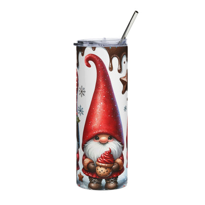 Tumbler with a cute gnome holding a cupcake, surrounded by holiday designs.