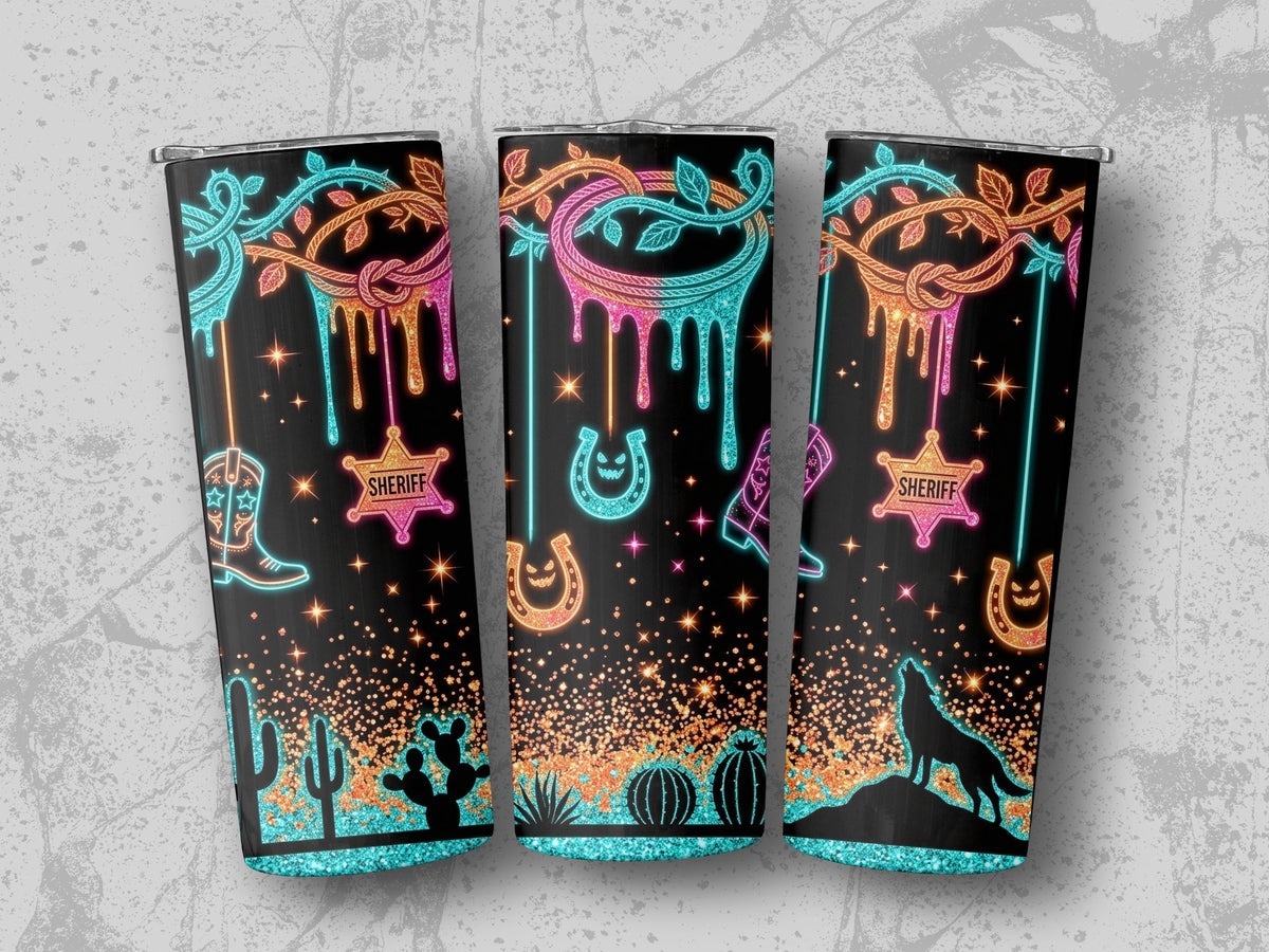 Western neon design with cowboy boots, sheriff badges, horseshoes, cacti, and howling wolf.