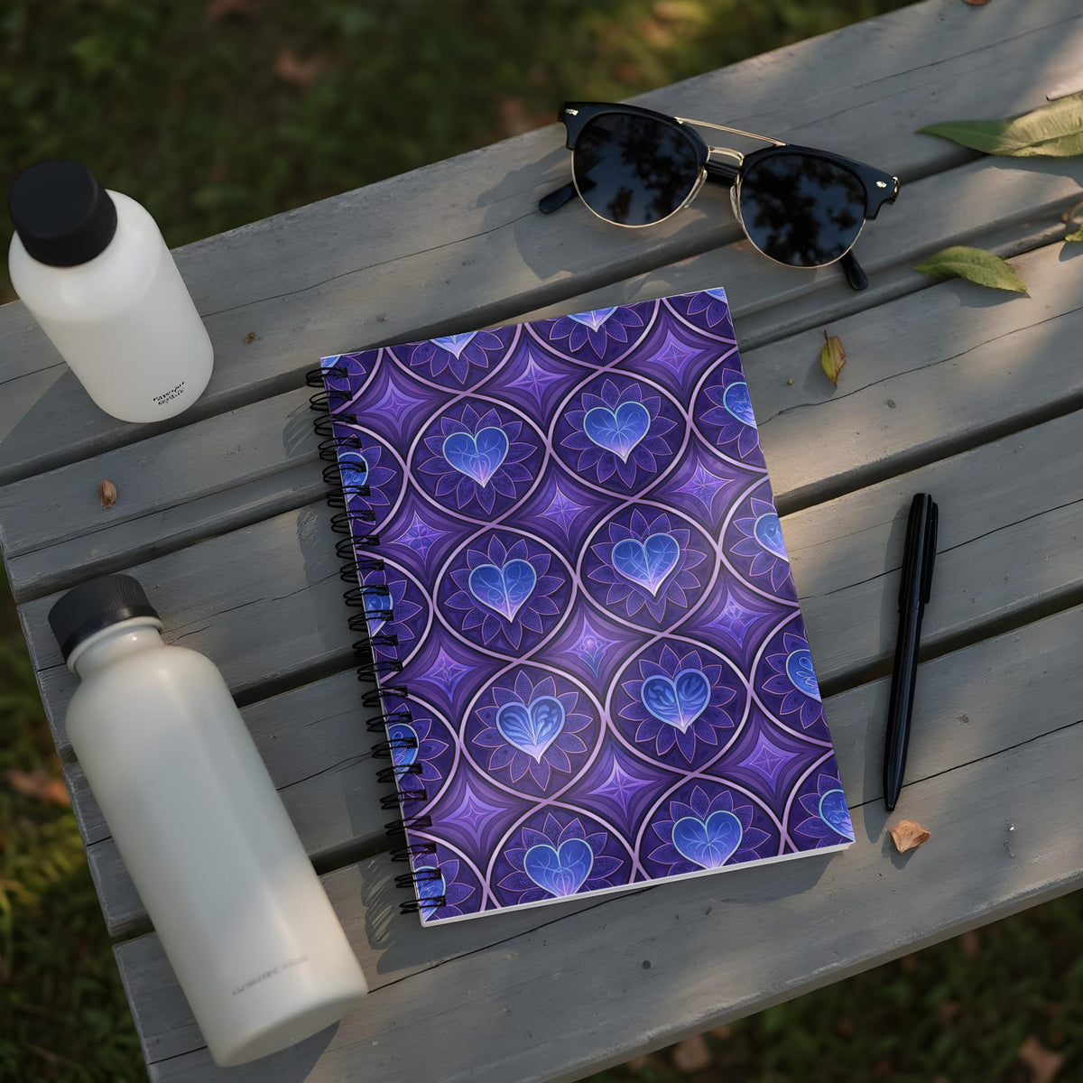 Spiral bound notebook with purple heart and floral pattern, next to water bottles and sunglasses.