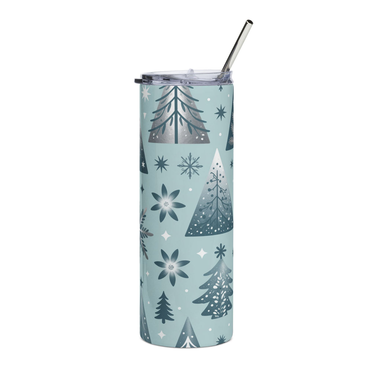 Light blue tumbler with a repeating pattern of silver and dark blue Christmas trees and snowflakes.