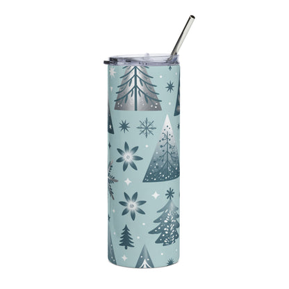 Light blue tumbler with a repeating pattern of silver and dark blue Christmas trees and snowflakes.