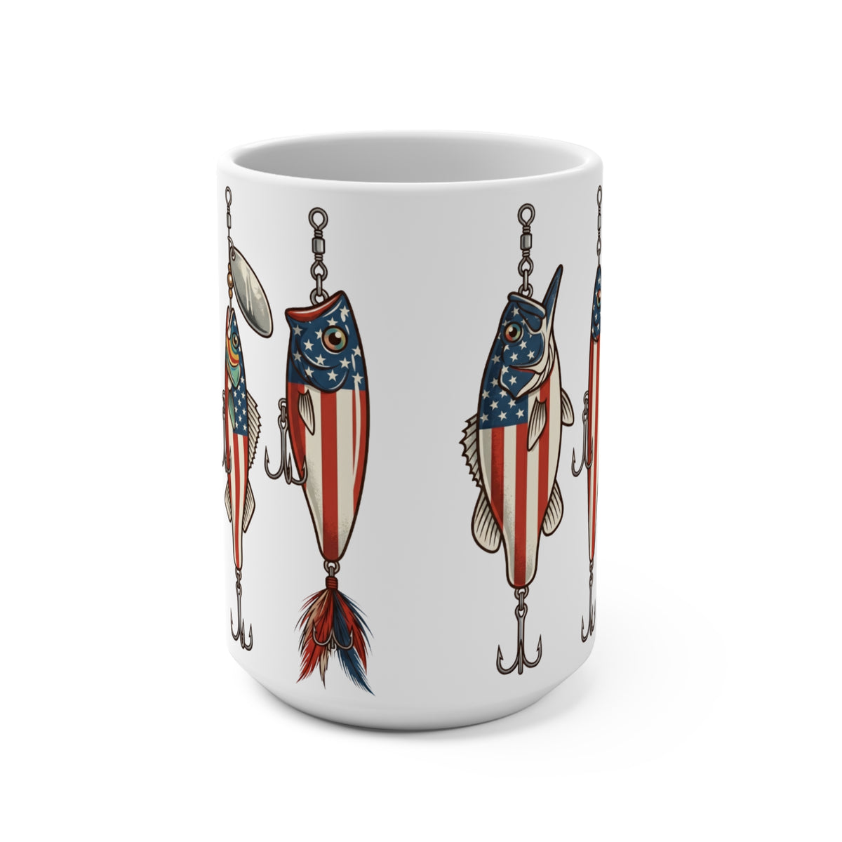 White mug featuring fishing lures with American flag designs.