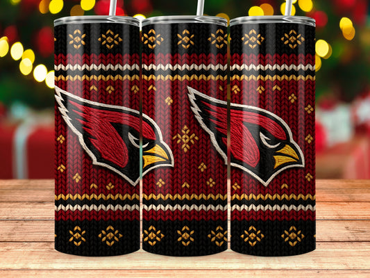 Three tumblers with Arizona Cardinals logo and red, black, and gold knit pattern.