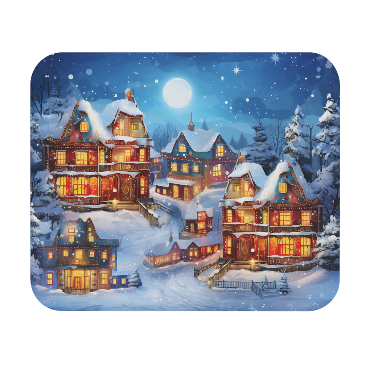 Christmas village with snow-covered houses lit by string lights under a full moon.