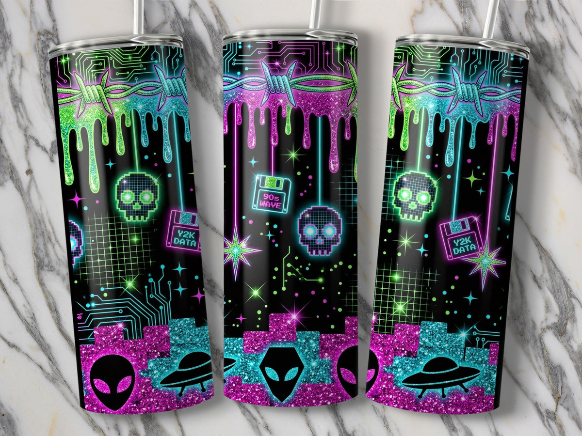 Neon digital art tumbler design with skulls, aliens, flying saucers, and Y2K data graphics.